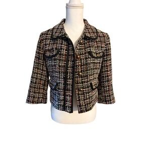 Express Wmns Multicolor Tweed Cropped Jacket Gold Crest Button Blk Trim Lined M